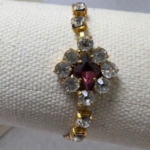 Vintage GERMANY Rhinestone Bracelet Gold Tone Red Center Flower Sparkle READ
